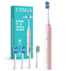 COSLUS Sonic Electric Toothbrush Pink C30 for Kids & Adults – 5 Modes, 3 Intensities, 2 Brush Heads