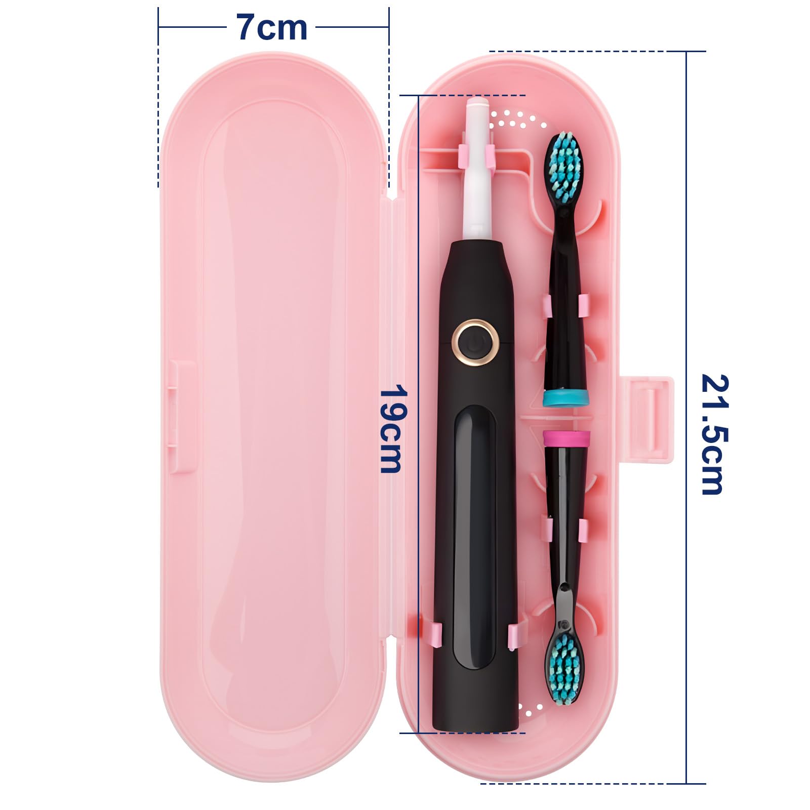 Open travel case showing space for 1 toothbrush handpiece and 2 brush heads