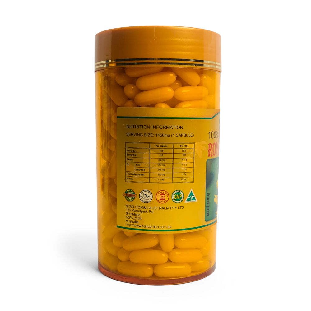 Royal Jelly 1450mg capsules close-up showing ingredients