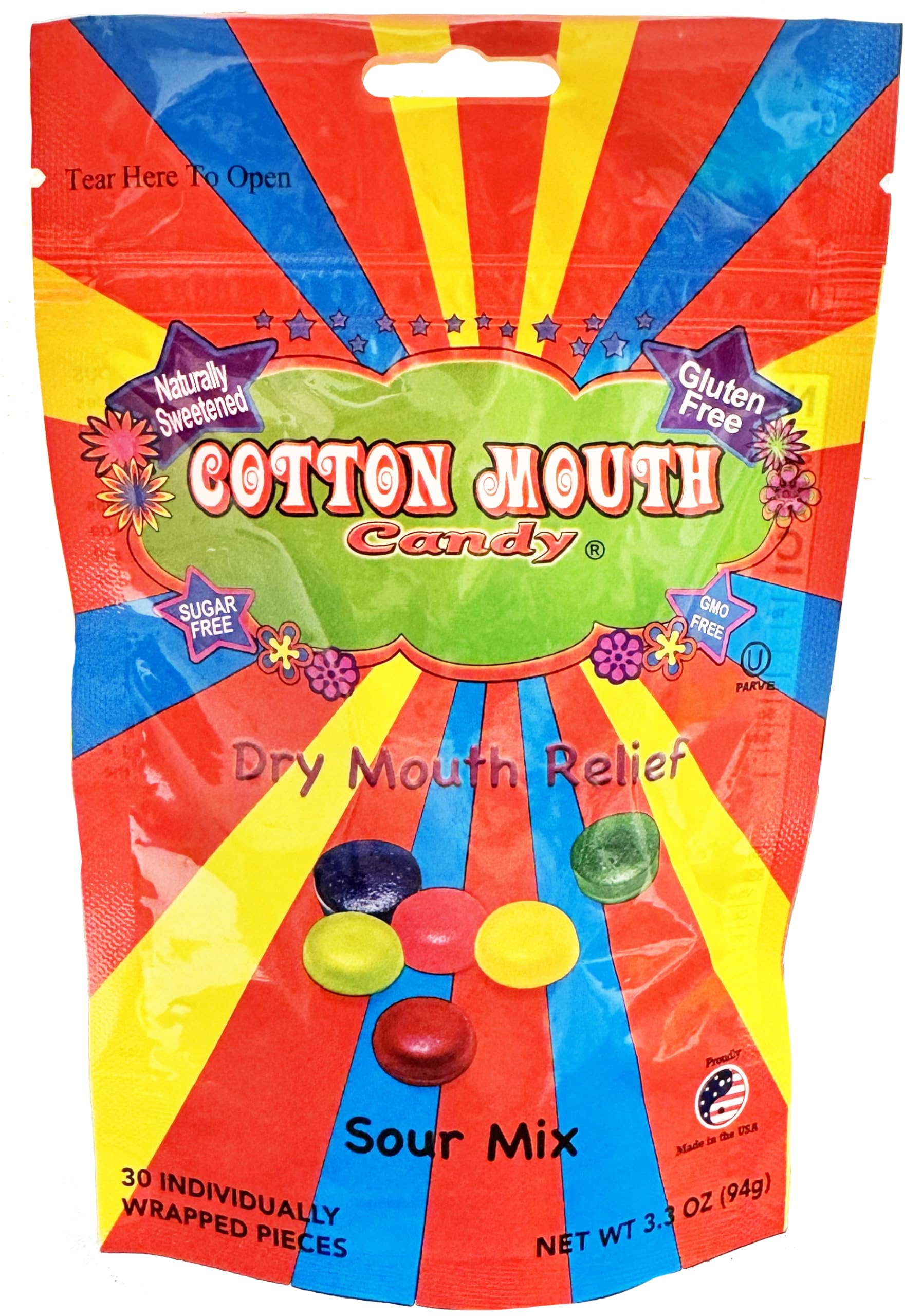 Front view of Cotton Mouth Candy 3.3 oz dry mouth relief fruit mix bag