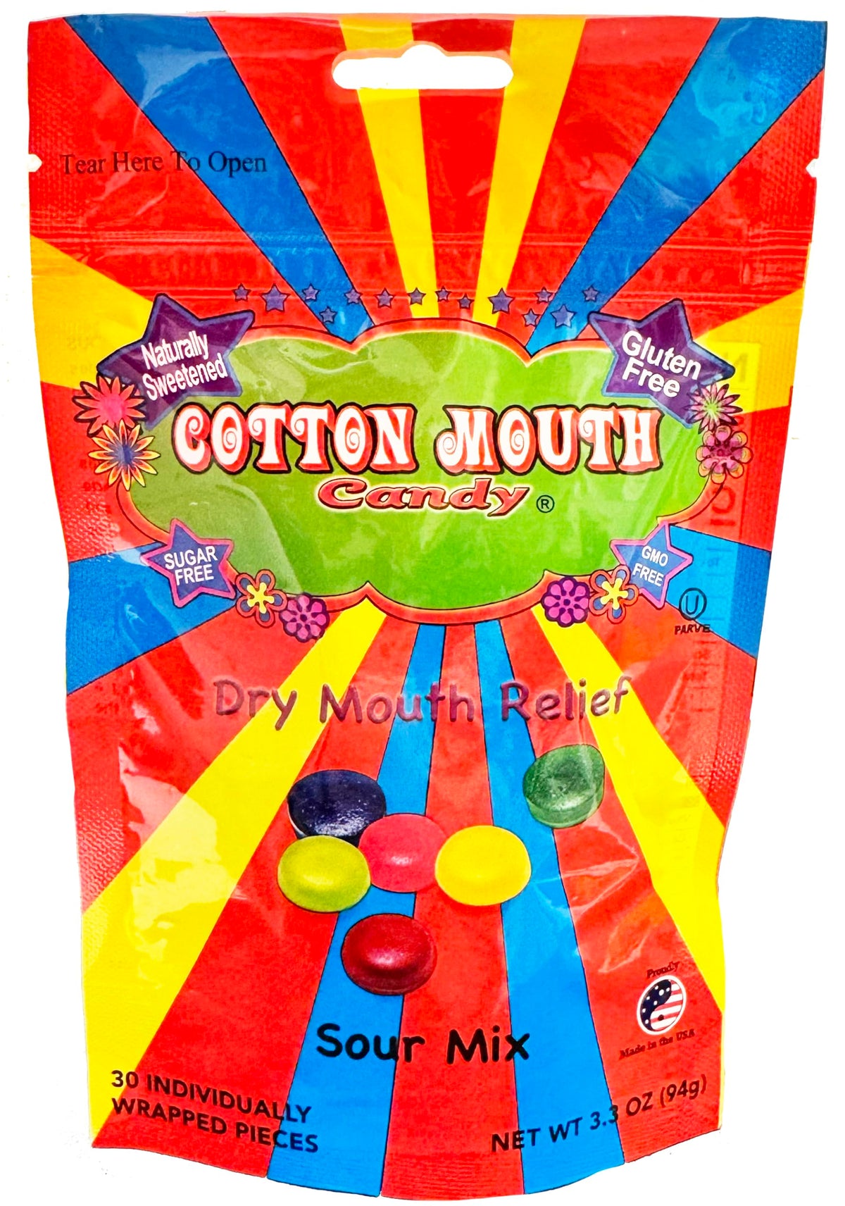 Front view of Cotton Mouth Candy 3.3 oz dry mouth relief fruit mix bag