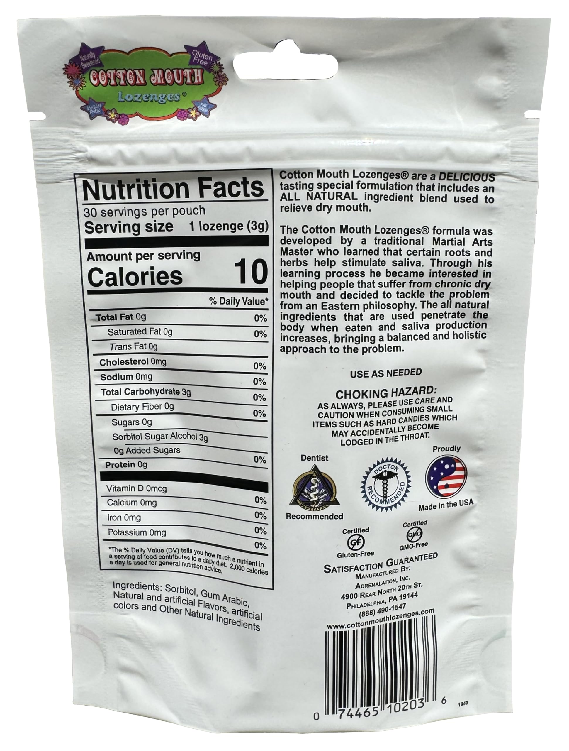 Cotton Mouth Lozenges 30 count packaging