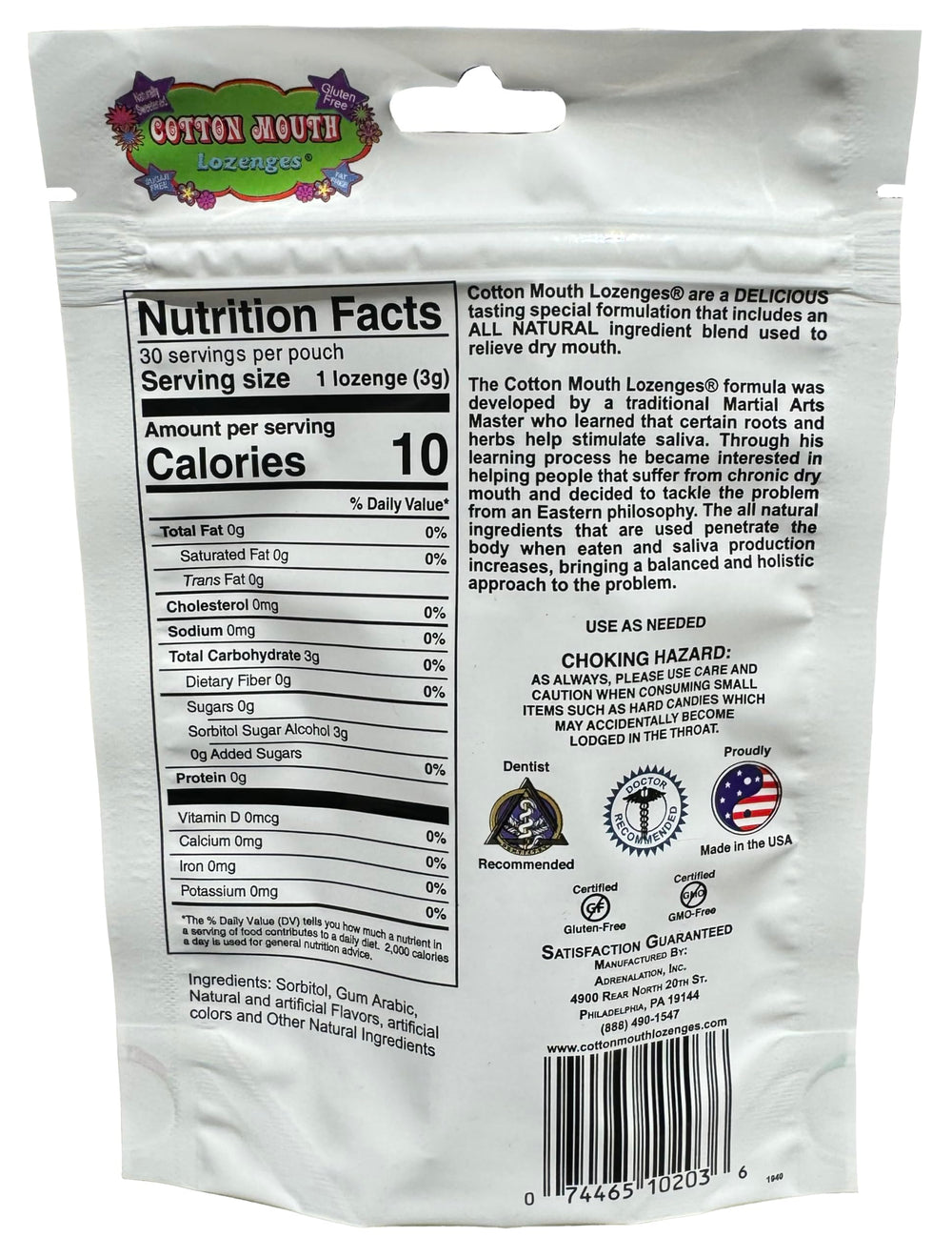 Cotton Mouth Lozenges 30 count packaging