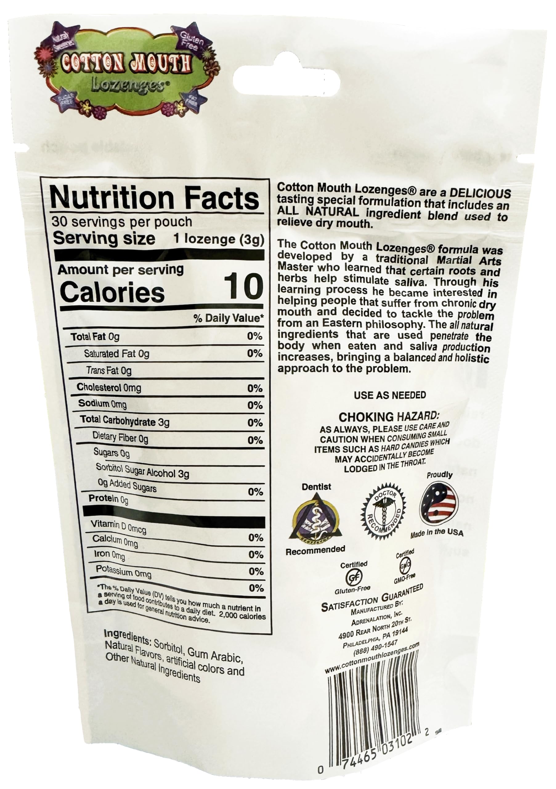 Back label on Cotton Mouth Lozenges Fruit Mix 3.3oz bag