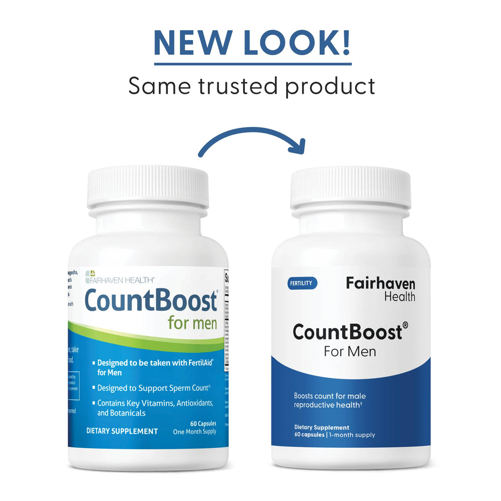 Close-up of CountBoost for Men bottle showing 60 capsules