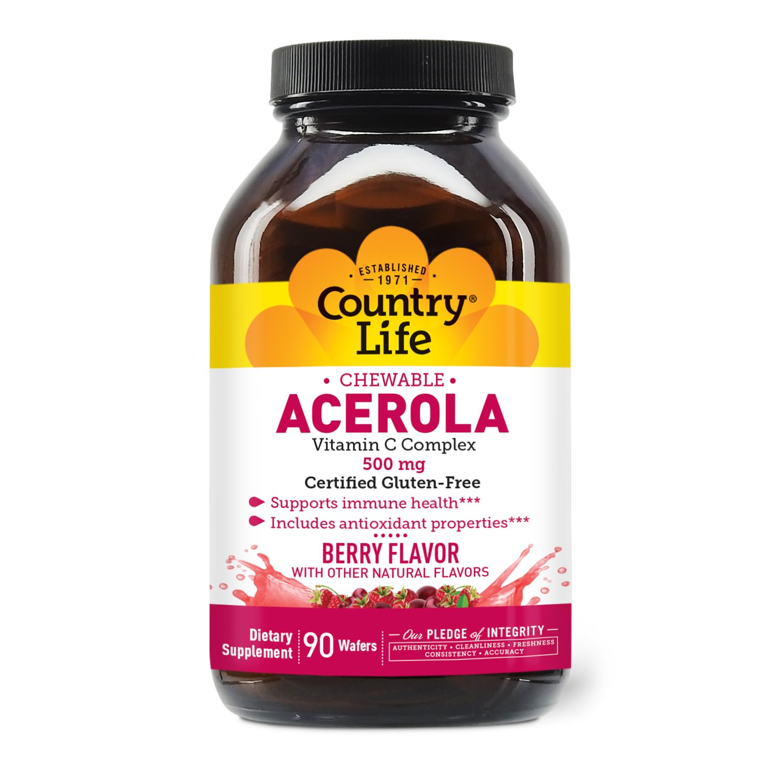 Bottle of Country Life Acerola Vitamin C Complex 500 mg berry chewables, 90 wafers