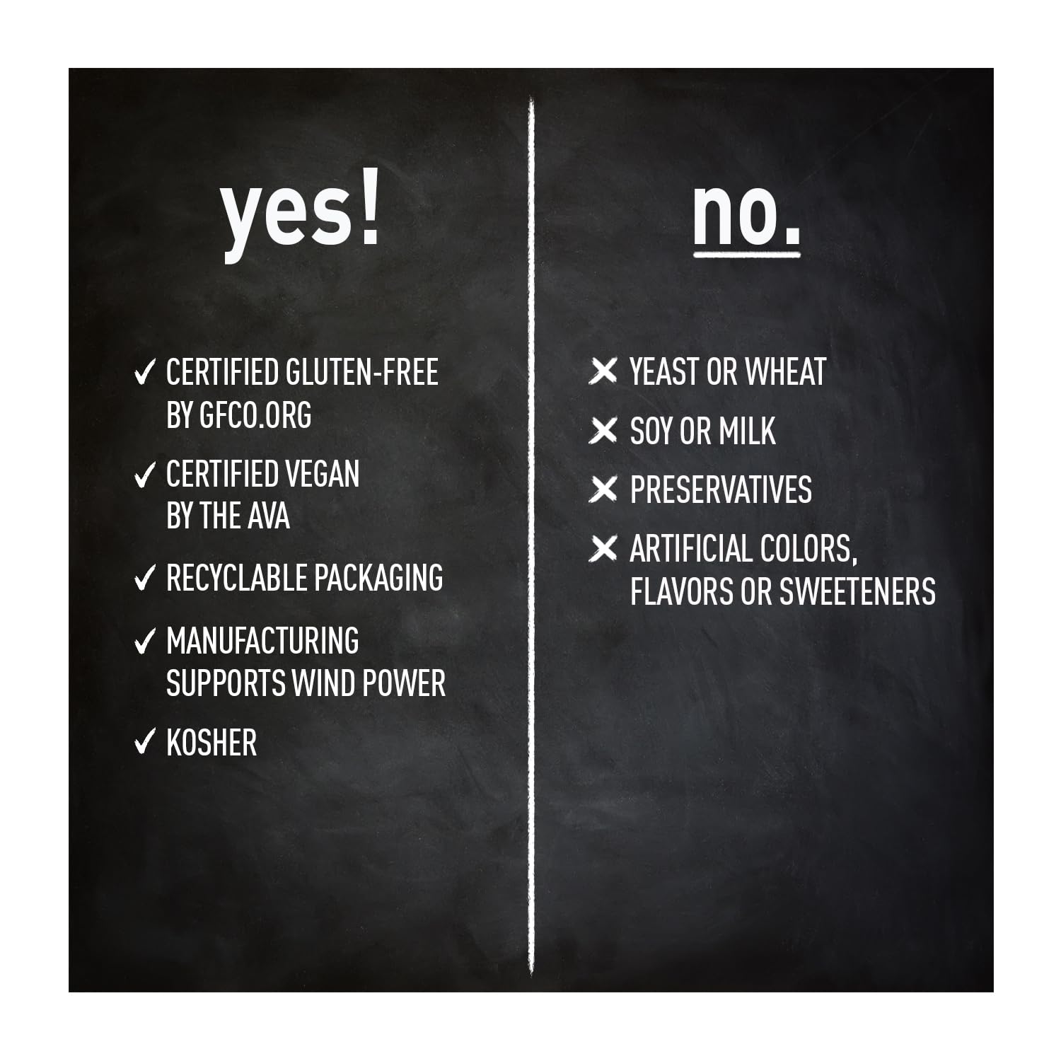 Product label showing GFCO gluten-free and AVA vegan certifications