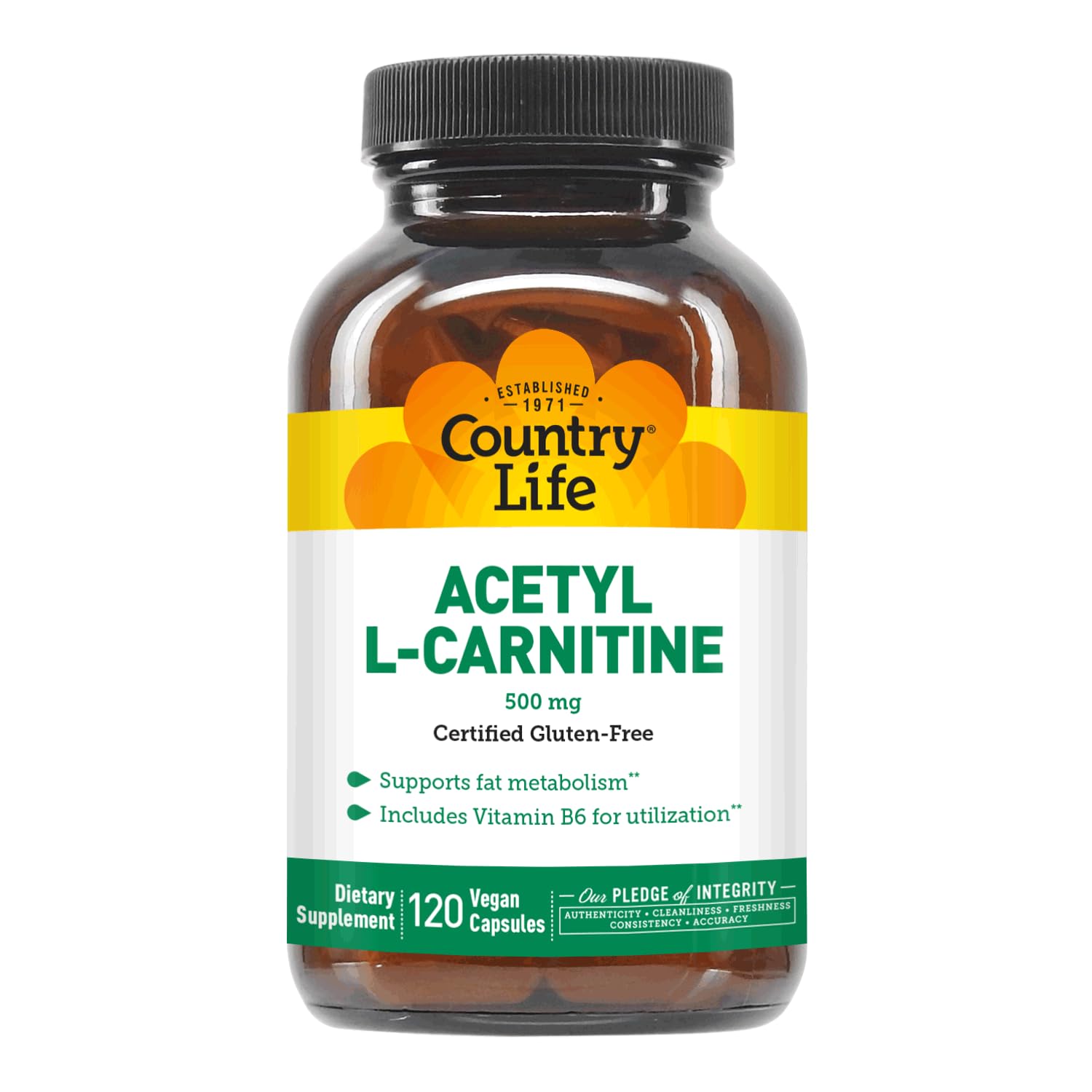 Country Life Acetyl L-Carnitine 500 mg with Vitamin B6 vegan capsules bottle