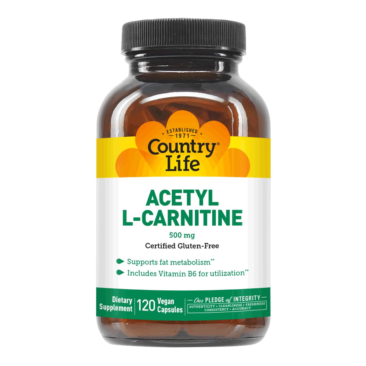 Country Life Acetyl L-Carnitine 500 mg with Vitamin B6 vegan capsules bottle