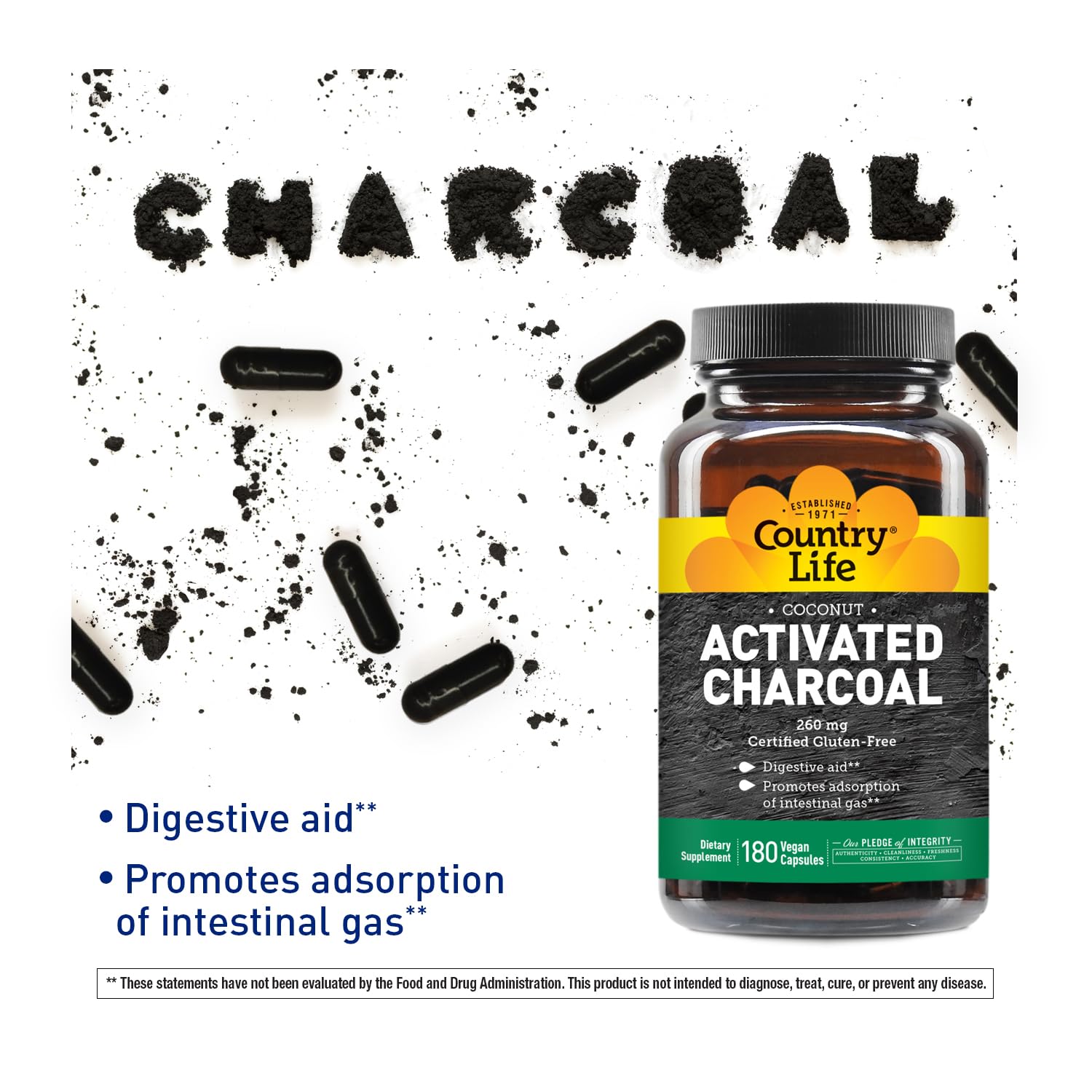 Country Life Activated Charcoal Coconut Capsules bottle – back label with supplement facts