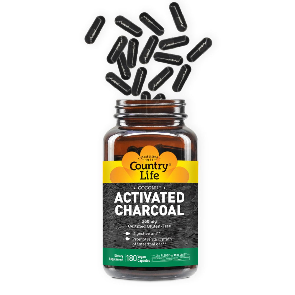 Country Life Activated Charcoal Coconut Capsules 260mg bottle – front view