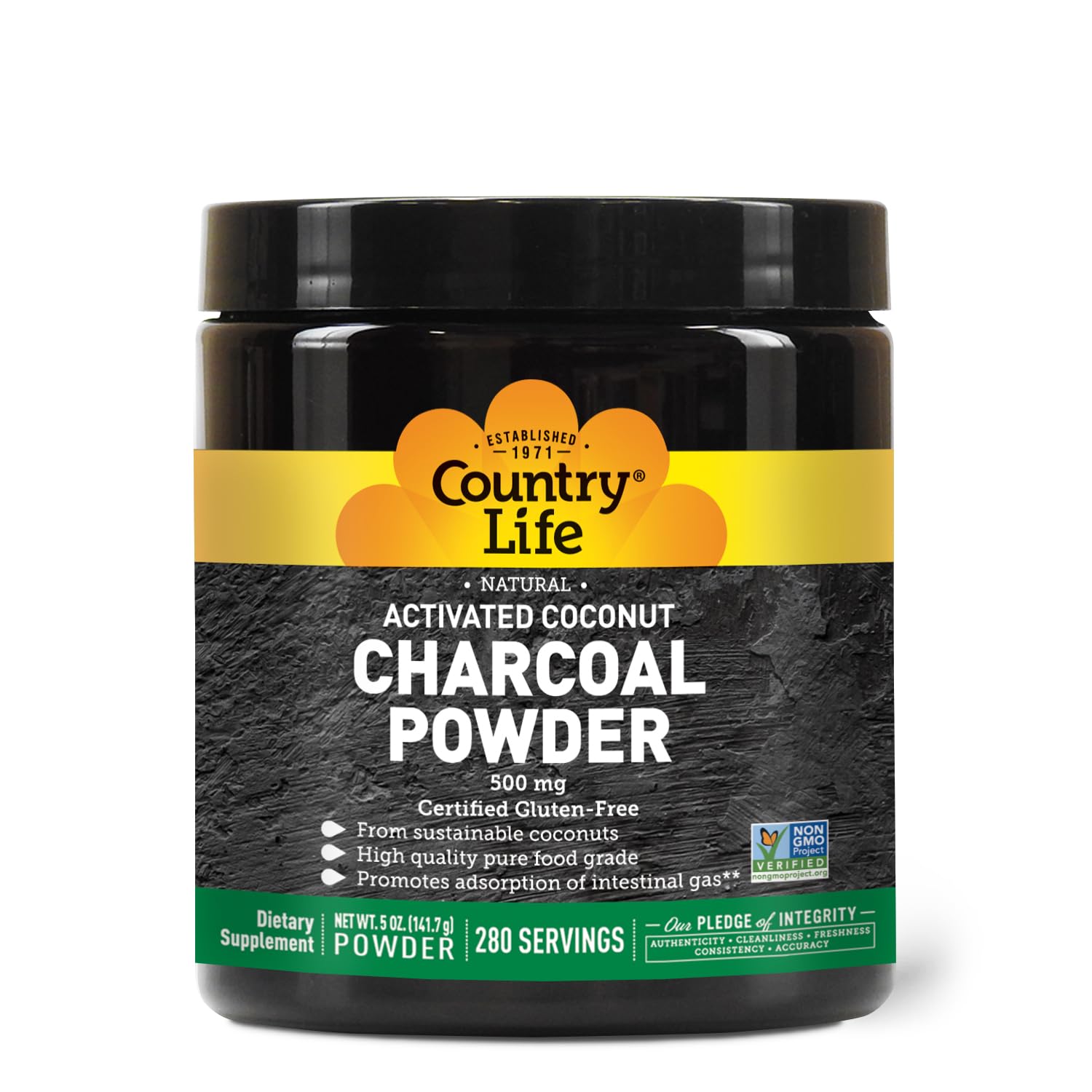 Country Life Activated Coconut Charcoal Powder 500mg container with scoop