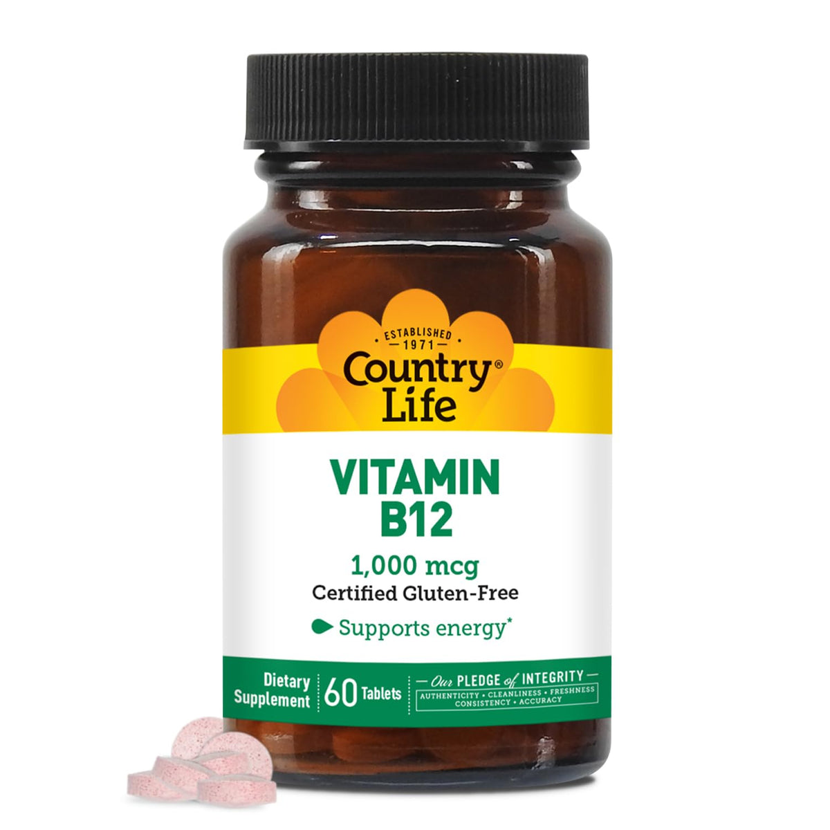 Front view of Country Life B12 1000 mcg bottle with label