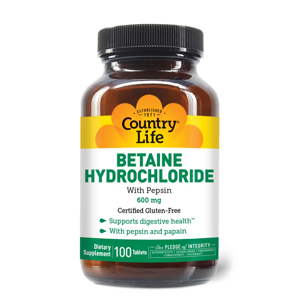Country Life Betaine Hydrochloride with Pepsin bottle, 600mg, 100 tablets, gluten free