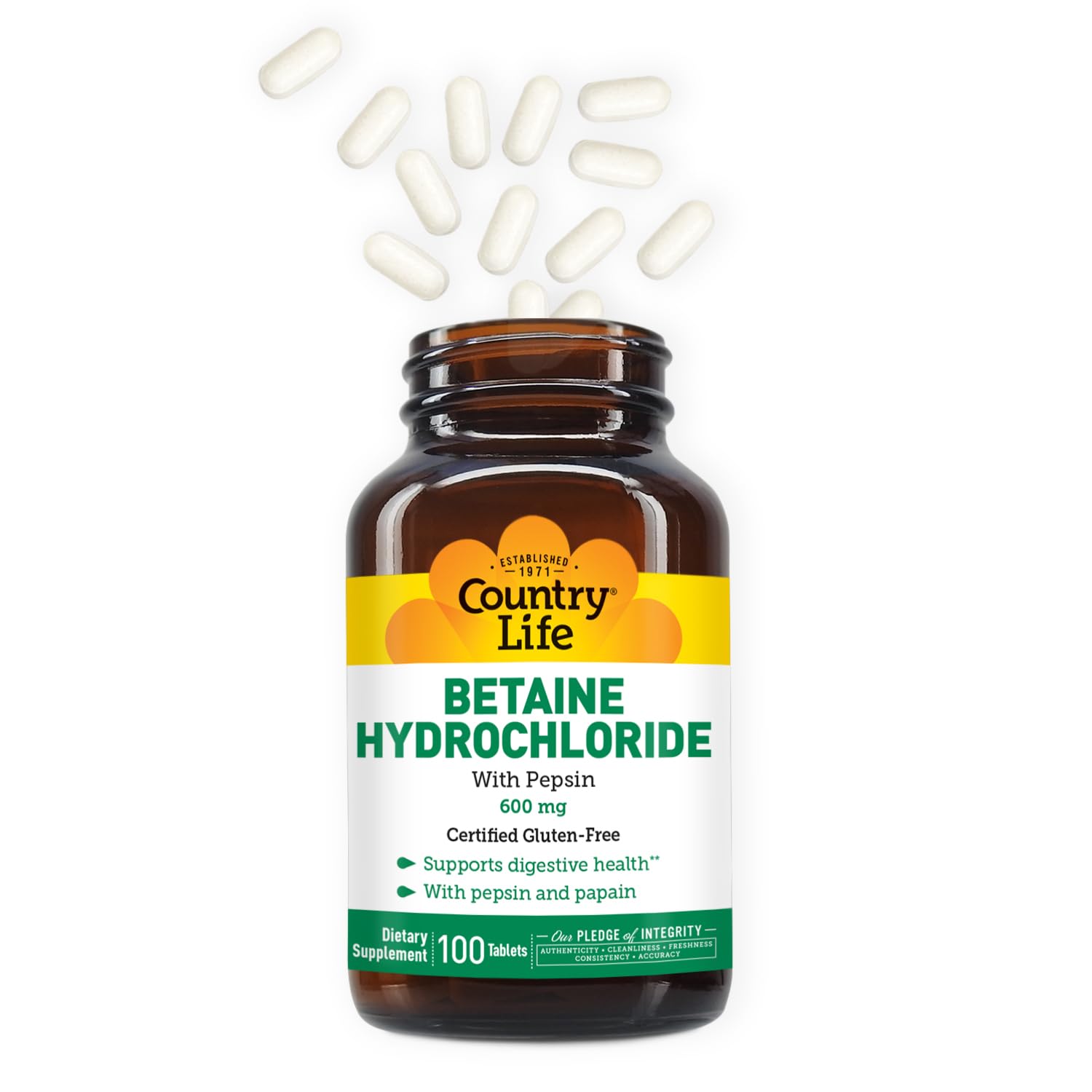 Supplement facts panel for Country Life Betaine Hydrochloride