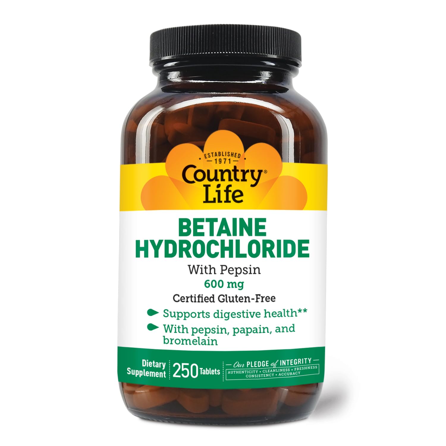 Front view of Country Life Betaine HCl with Pepsin 600 mg bottle