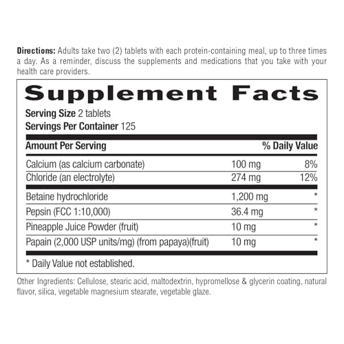 Label showing Betaine HCl and Pepsin ingredients