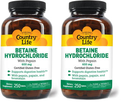 Front view of Country Life Betaine Hydrochloride with Pepsin 600 mg bottle and pack of 2