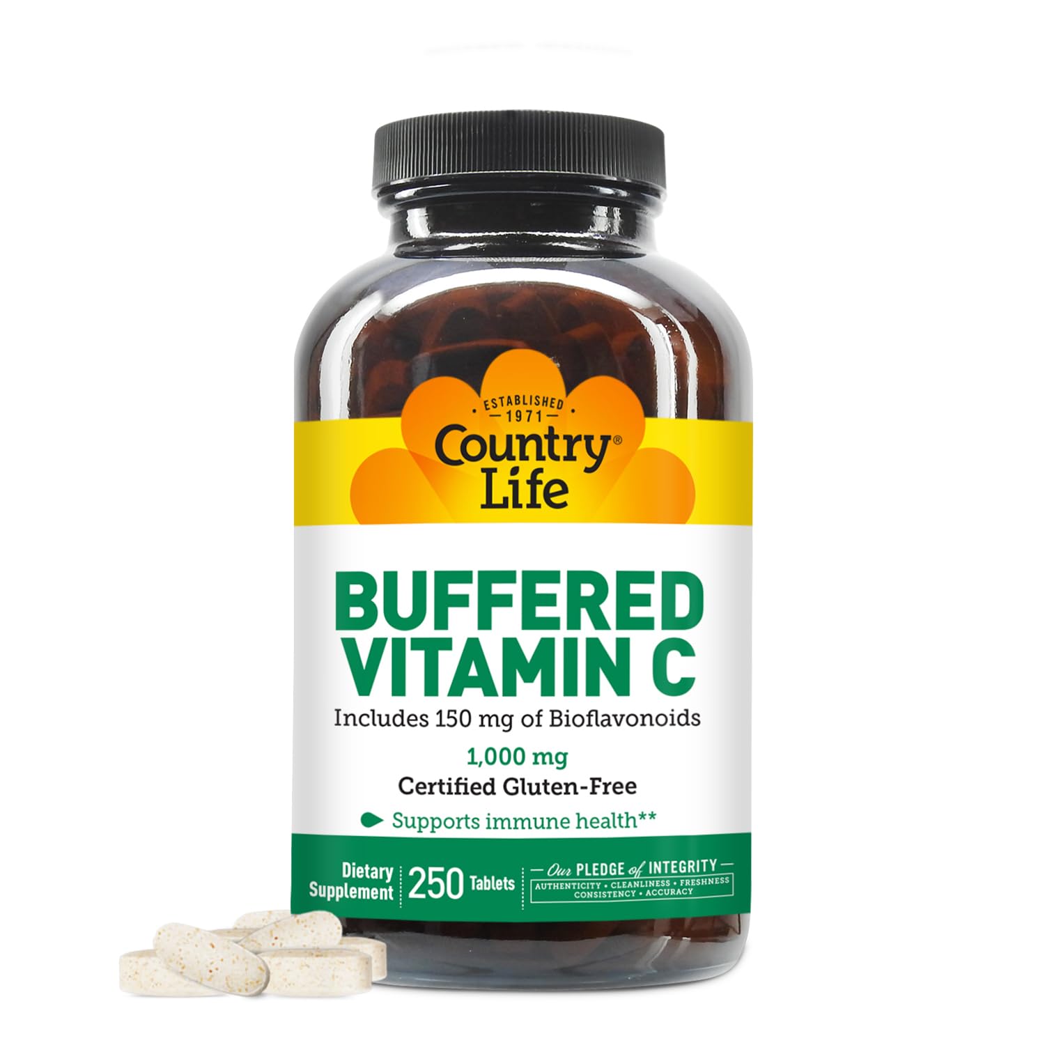 Country Life Buffered Vitamin C 1000mg with bioflavonoids bottle and capsules