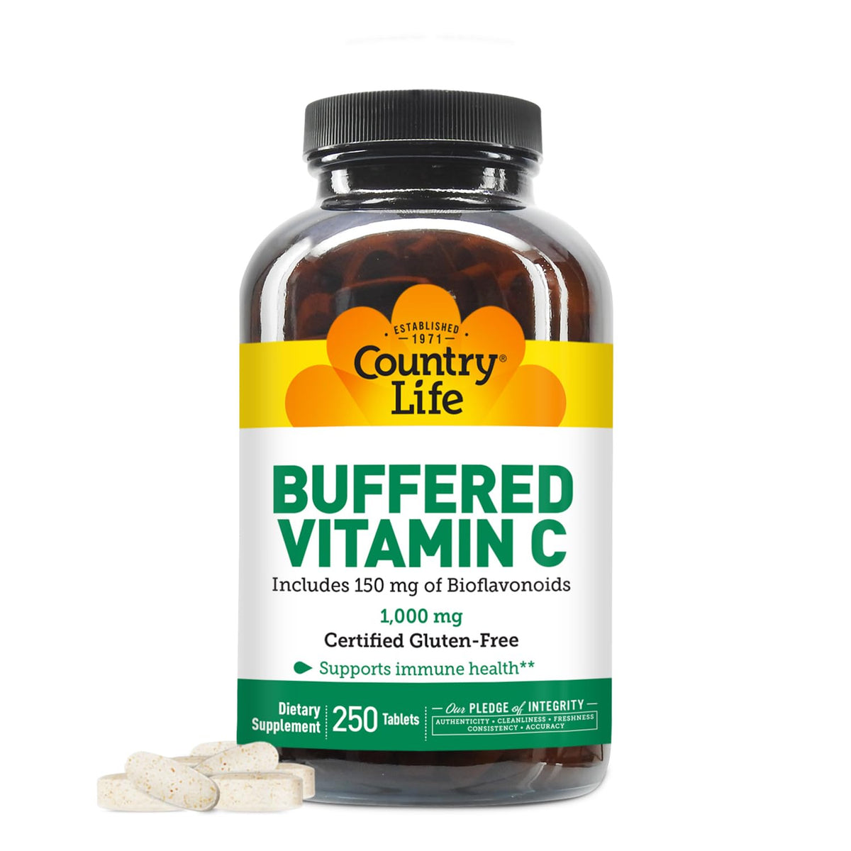 Country Life Buffered Vitamin C 1000mg with bioflavonoids bottle and capsules