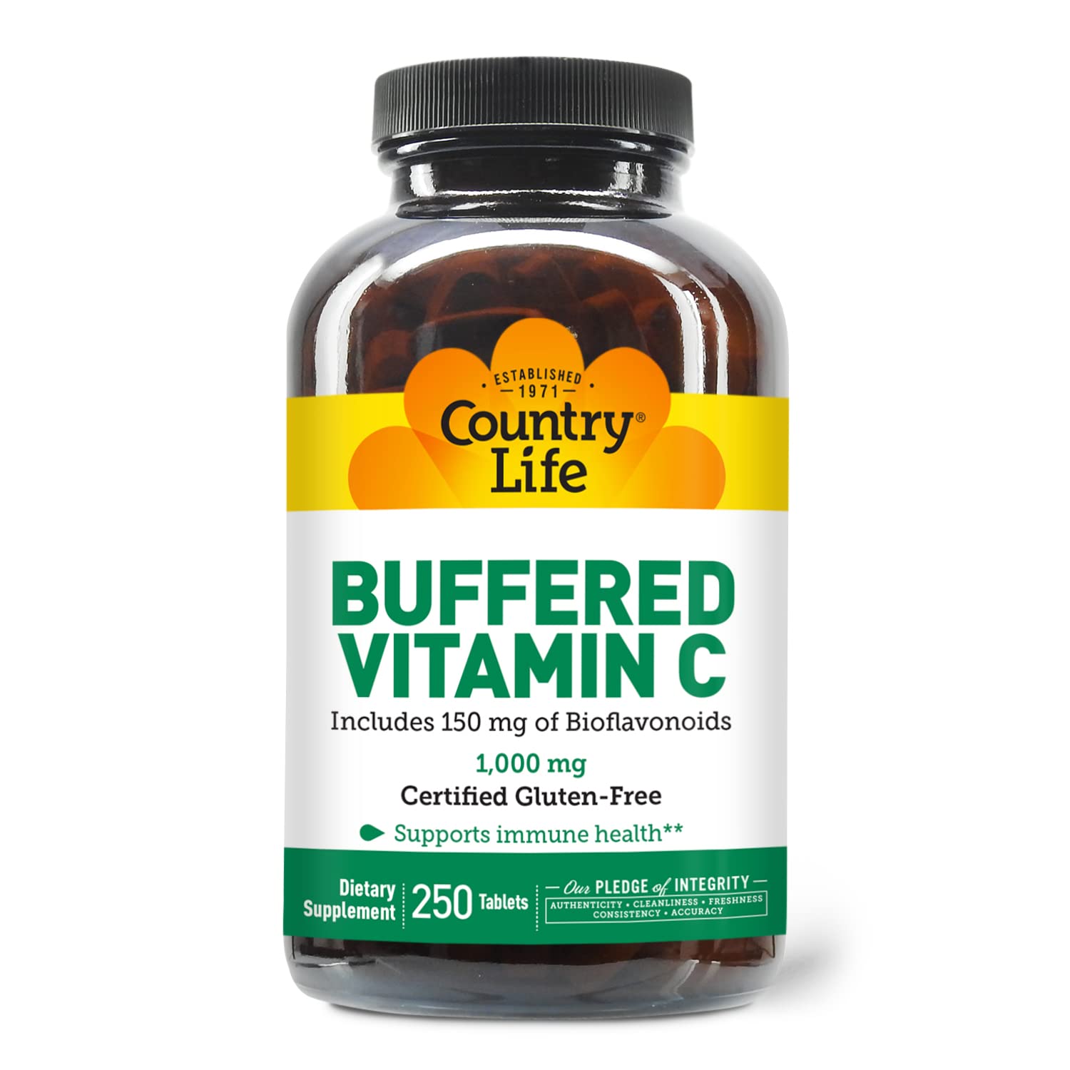 Close-up of buffered Vitamin C 1000mg capsules with bioflavonoids