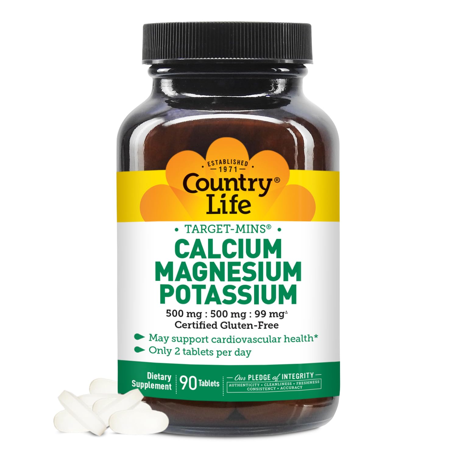 Bottle of Country Life Calcium-Magnesium-Potassium 90 tablets