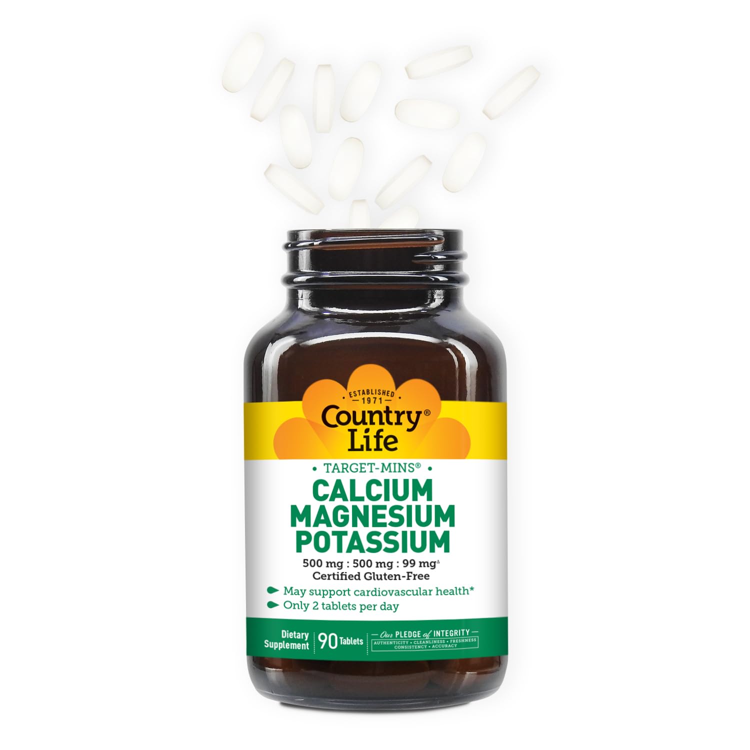 Side view of Country Life Calcium-Magnesium-Potassium 90 tablets container