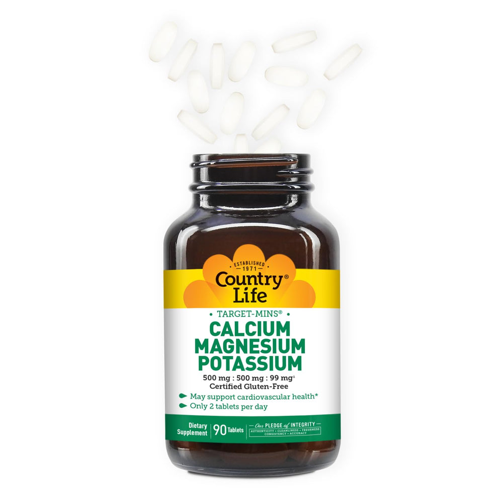 Side view of Country Life Calcium-Magnesium-Potassium 90 tablets container
