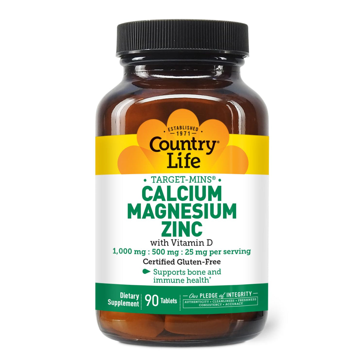 Country Life Calcium Magnesium Zinc with Vitamin D3 bottle label close-up