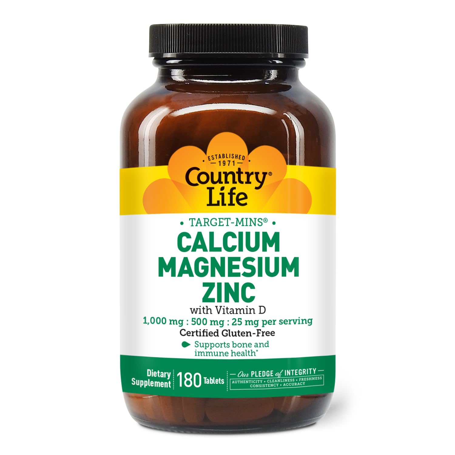 Label highlighting 1000mg calcium, 500mg magnesium, 25mg zinc
