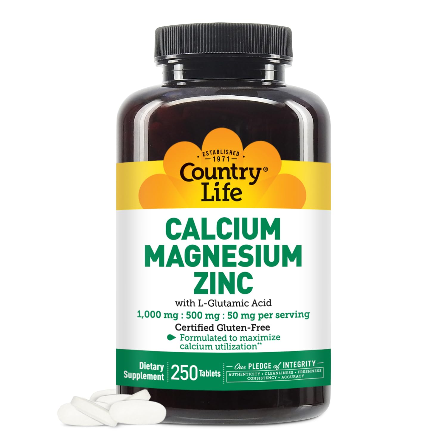 Front label of Country Life Calcium Magnesium Zinc bottle with L-Glutamic Acid