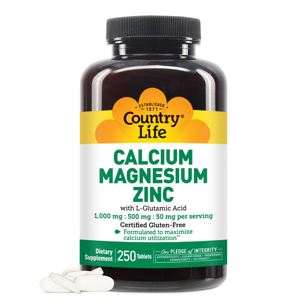 Front label of Country Life Calcium Magnesium Zinc bottle with L-Glutamic Acid