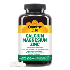 Front label of Country Life Calcium Magnesium Zinc bottle with L-Glutamic Acid