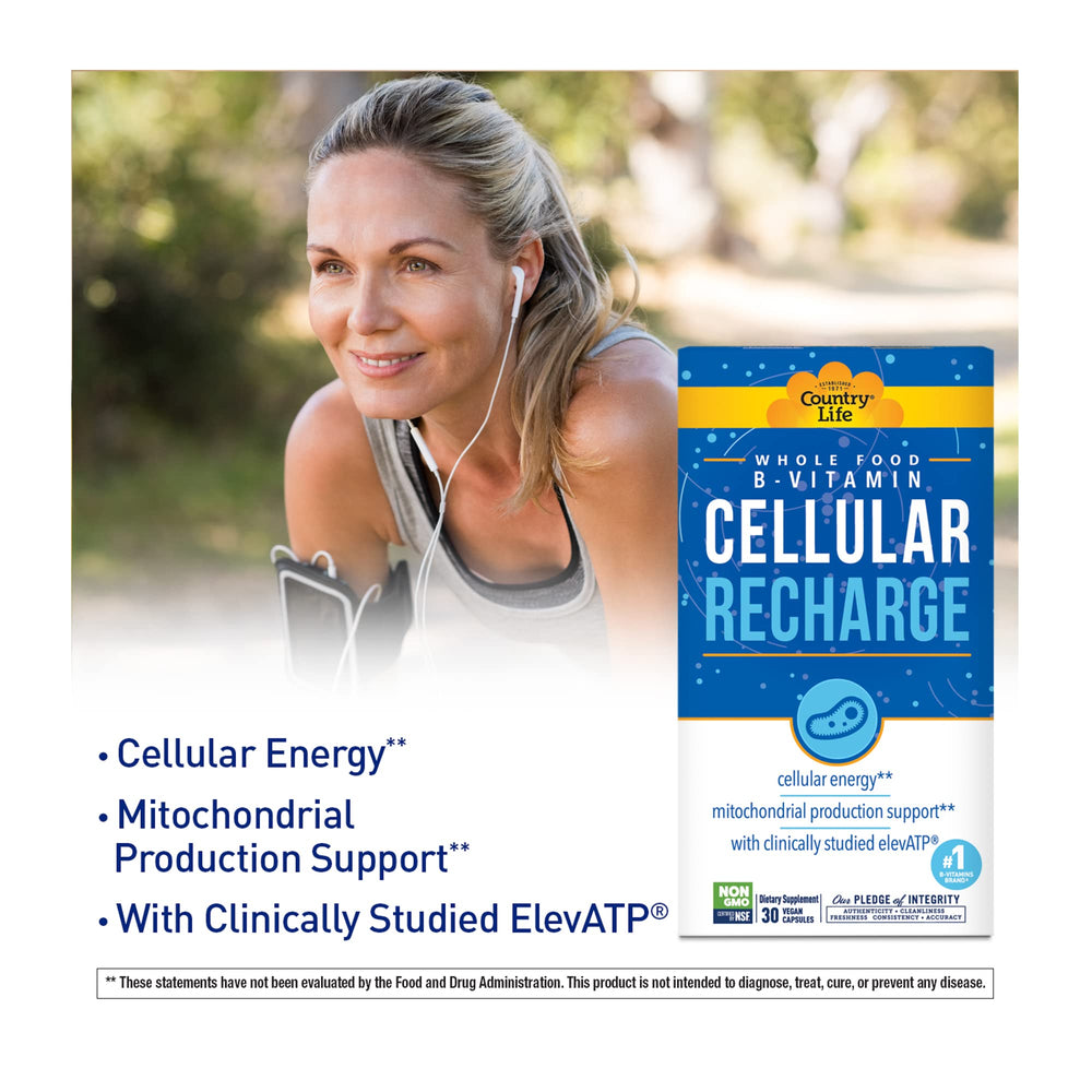 Vegan capsules inside the Country Life Cellular Recharge bottle