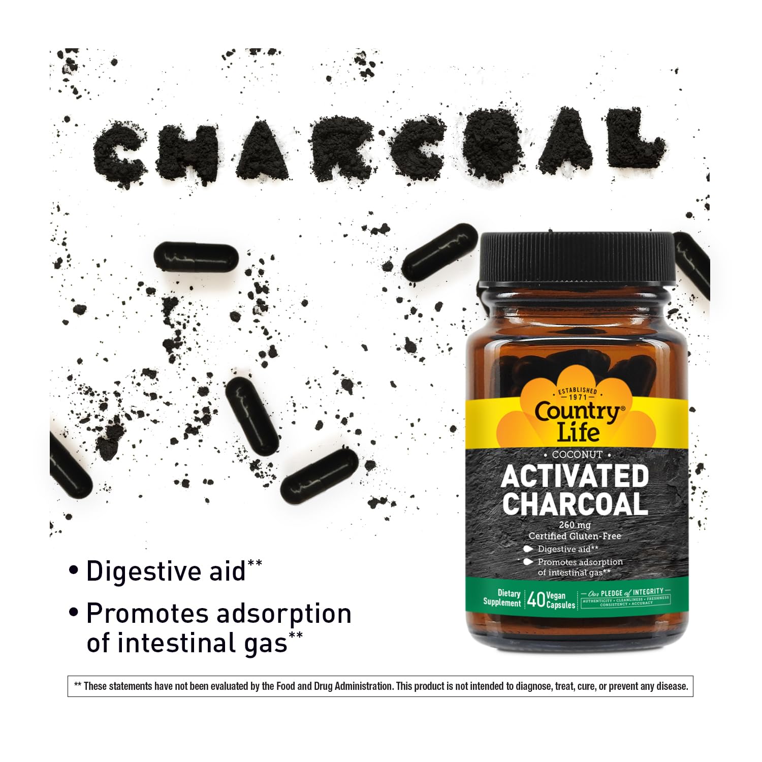 Close-up of coconut activated charcoal capsules