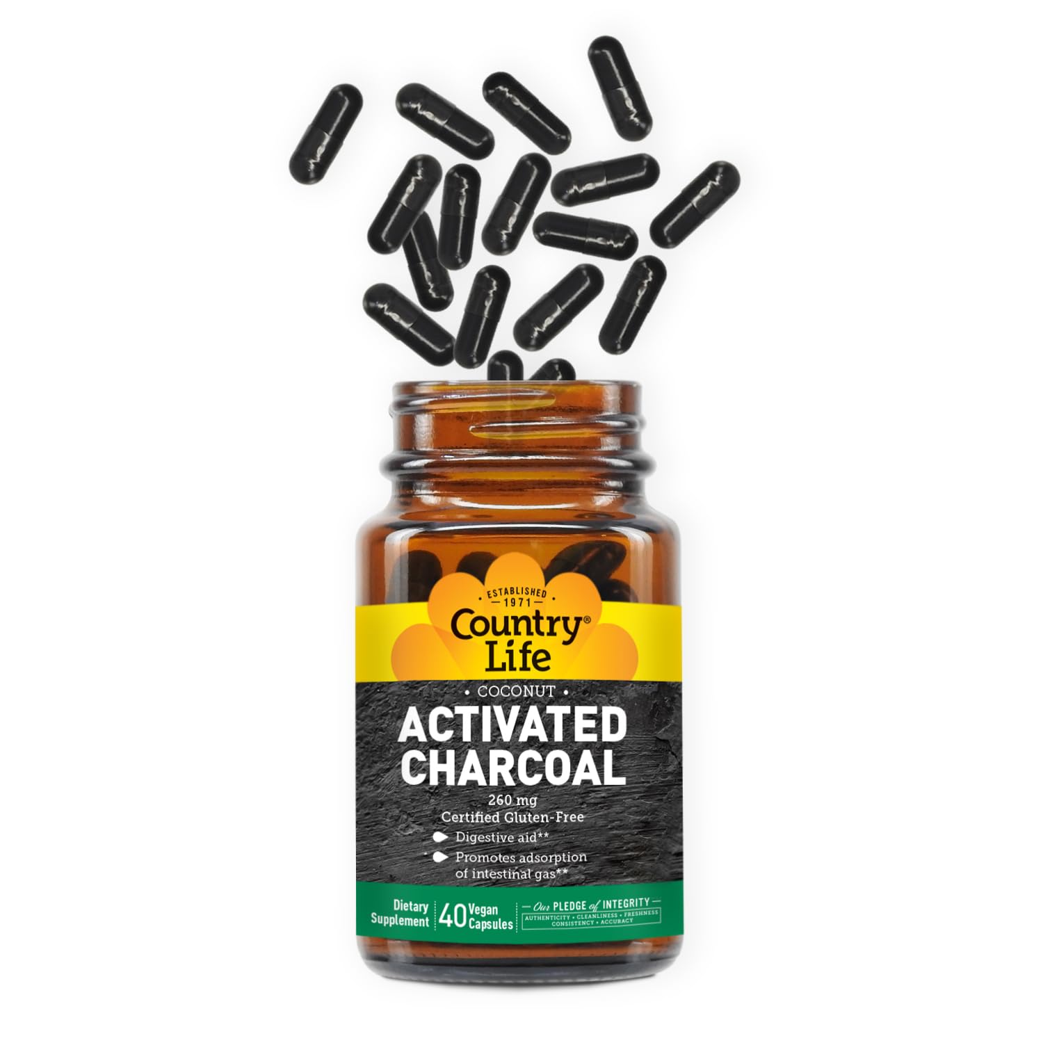 Vegan and gluten-free label on Country Life charcoal capsules
