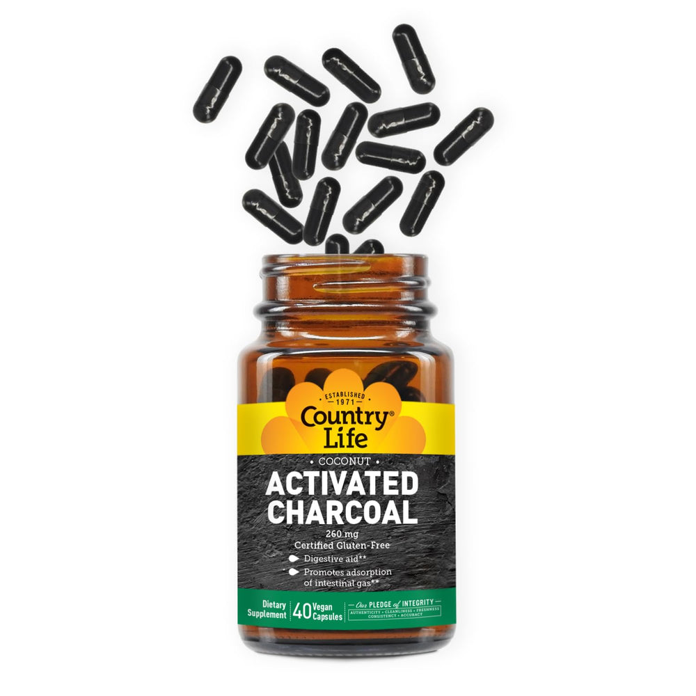 Vegan and gluten-free label on Country Life charcoal capsules