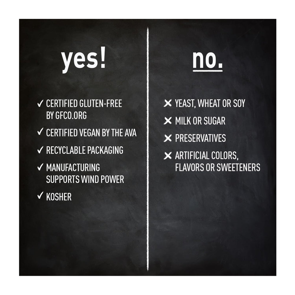 Icons indicating vegan and gluten-free certifications on packaging