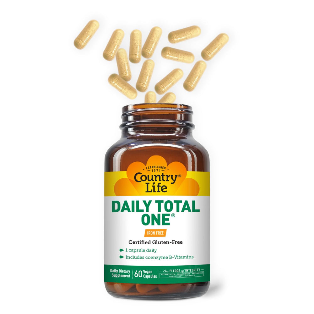 Close-up of a vegan capsule from Country Life Daily Total One
