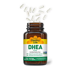 Close-up of DHEA 25mg capsules in bottle