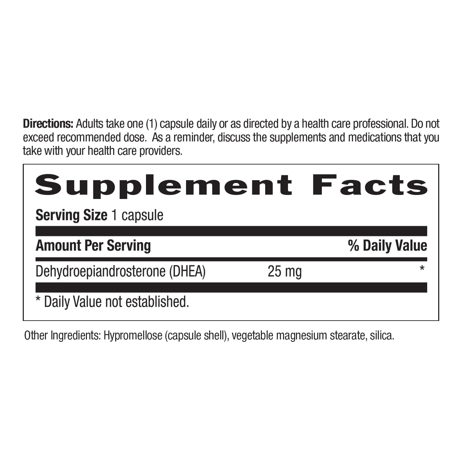 Supplement Facts panel for DHEA 25mg