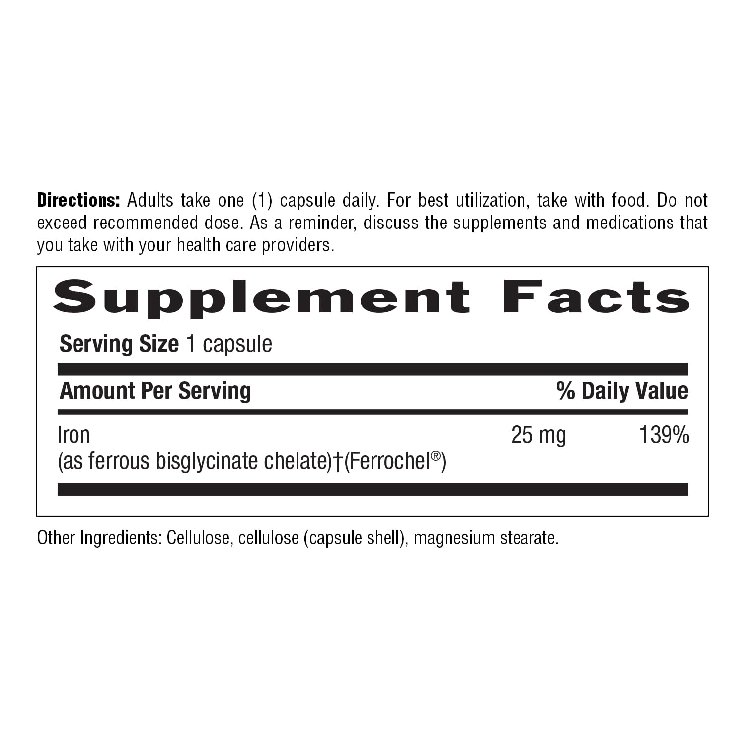 Easy Iron 25mg Capsules nutrition facts label