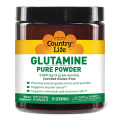 Country Life Glutamine Pure Powder bottle label with 5000mg L-glutamine
