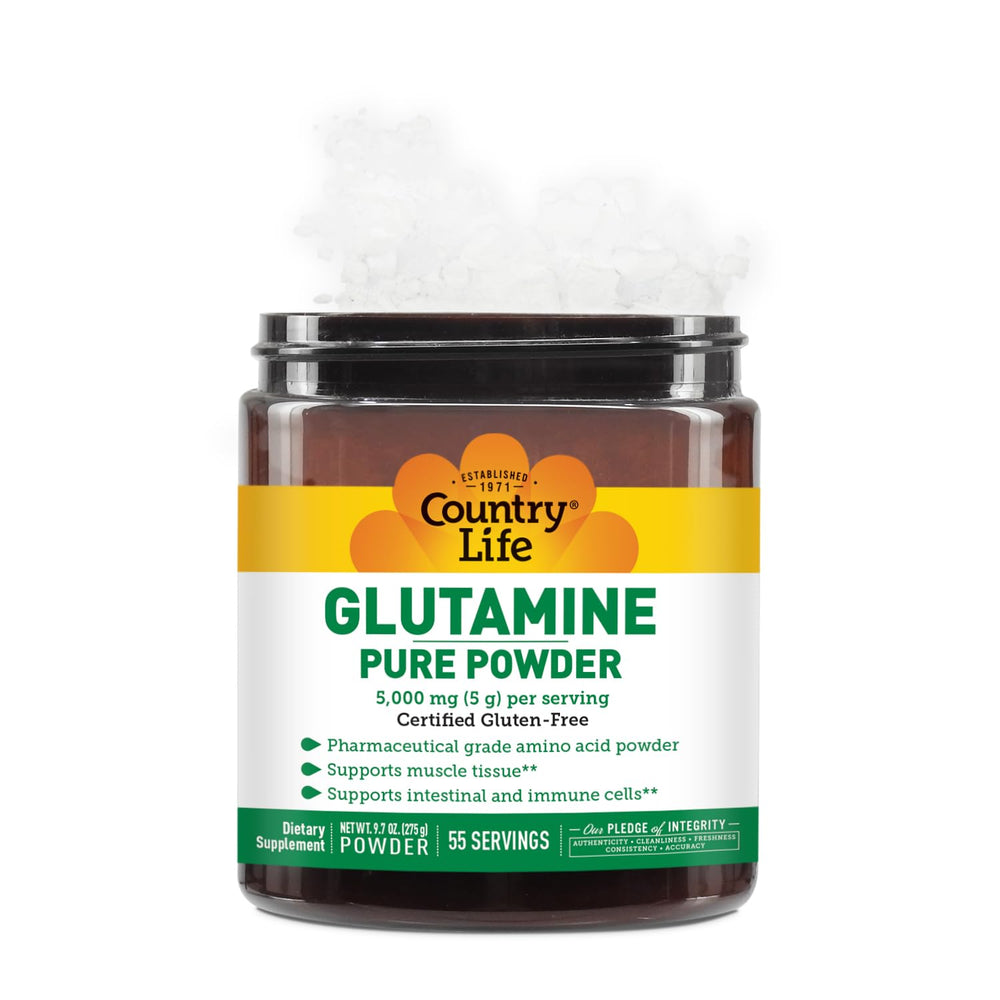 Glutamine powder being poured from the scoop