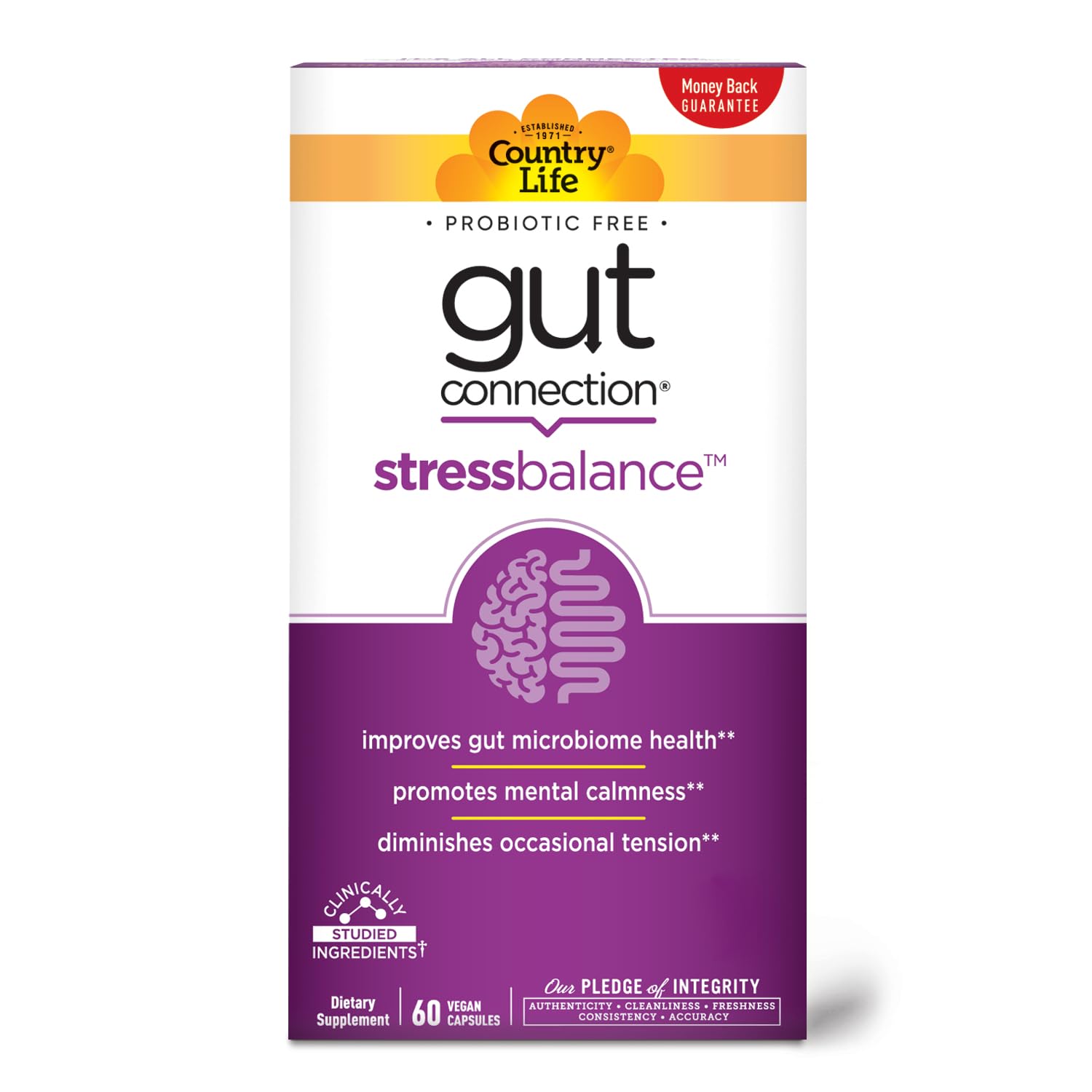 Country Life Gut Connection Stress Balance 60 Vegan Capsules bottle on white background