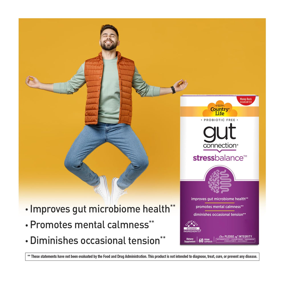 Country Life Stress Balance bottle label with gluten-free and vegan certifications
