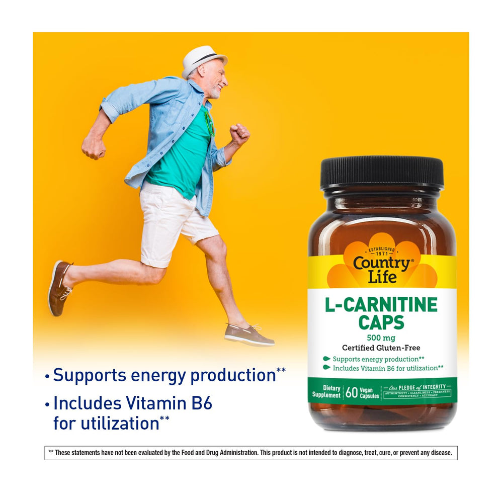 Country Life L-Carnitine capsules closeup highlighting vegan formula.