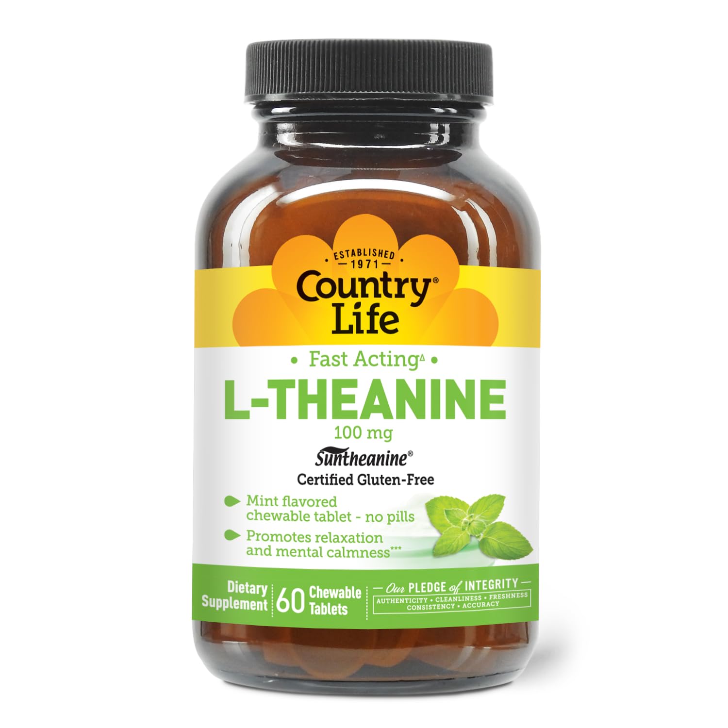 Country Life L-Theanine Fast-Acting 100mg mint chewable tablet front packaging