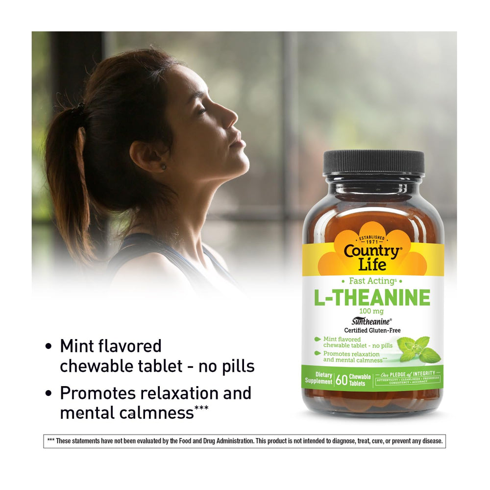 Country Life L-Theanine mint-flavored chewables bottle side view with 60 tablets