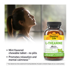 Country Life L-Theanine mint-flavored chewables bottle side view with 60 tablets